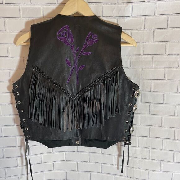 Addis VTG Black Leather Rose/Fringe Vest S…‎ - Picture 2 of 10